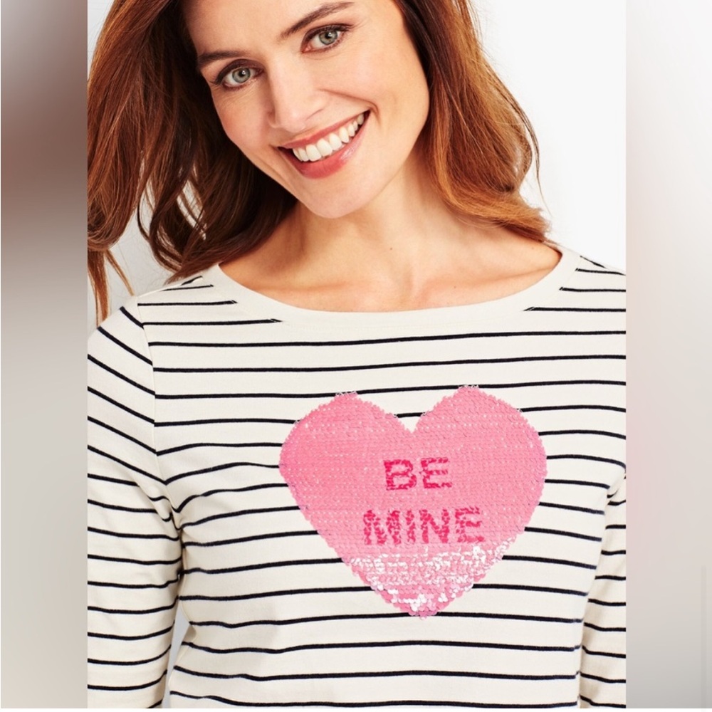 Talbots Be Mine Sequin Heart Stripe Bateau Neckline Tee Shirt